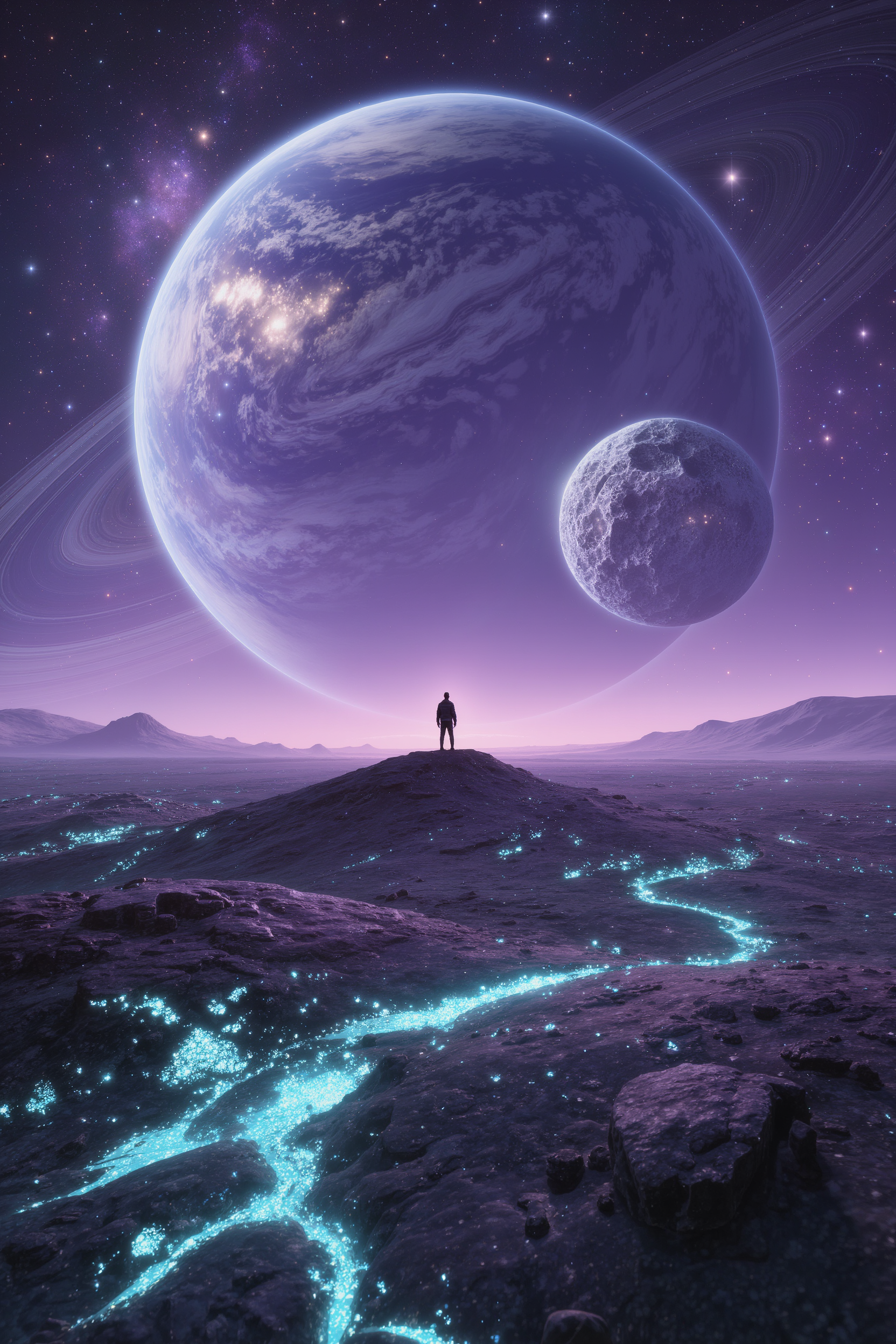 AI-generated view from an alien planet surface with a ringed gas giant and a cratered world dominating the twilight sky, small silhouette on a ridge, glowing blue mineral veins in the ground