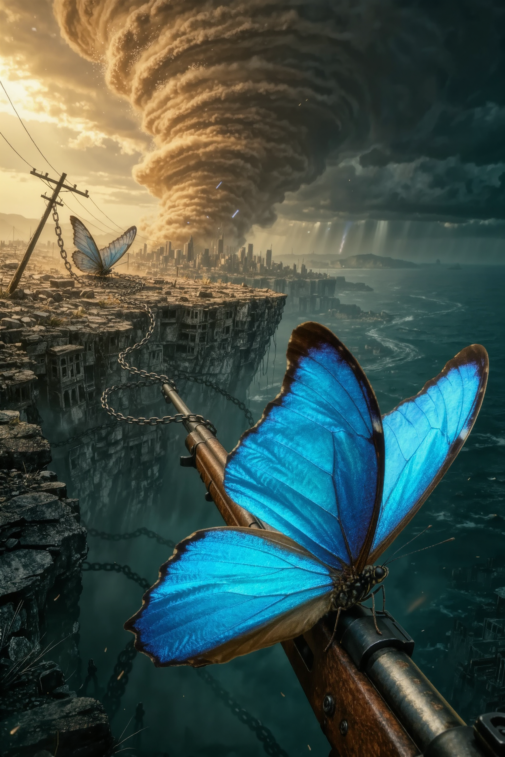 AI-generated macro shot of a glowing butterfly triggering a cascading chain reaction across a wasteland