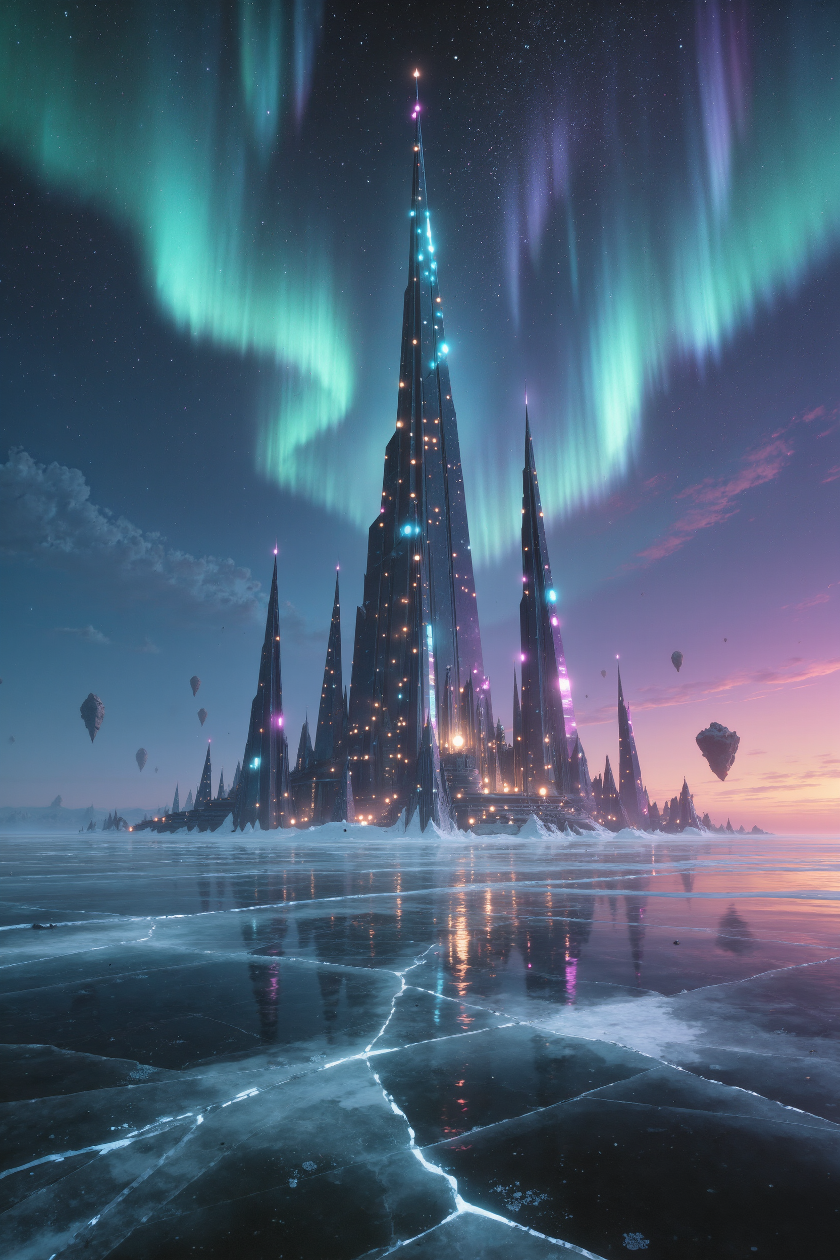 AI-generated ice citadel under a green and violet aurora seen from the surface of a frozen sea, neon-edged spires on the far shore mirrored in the ice