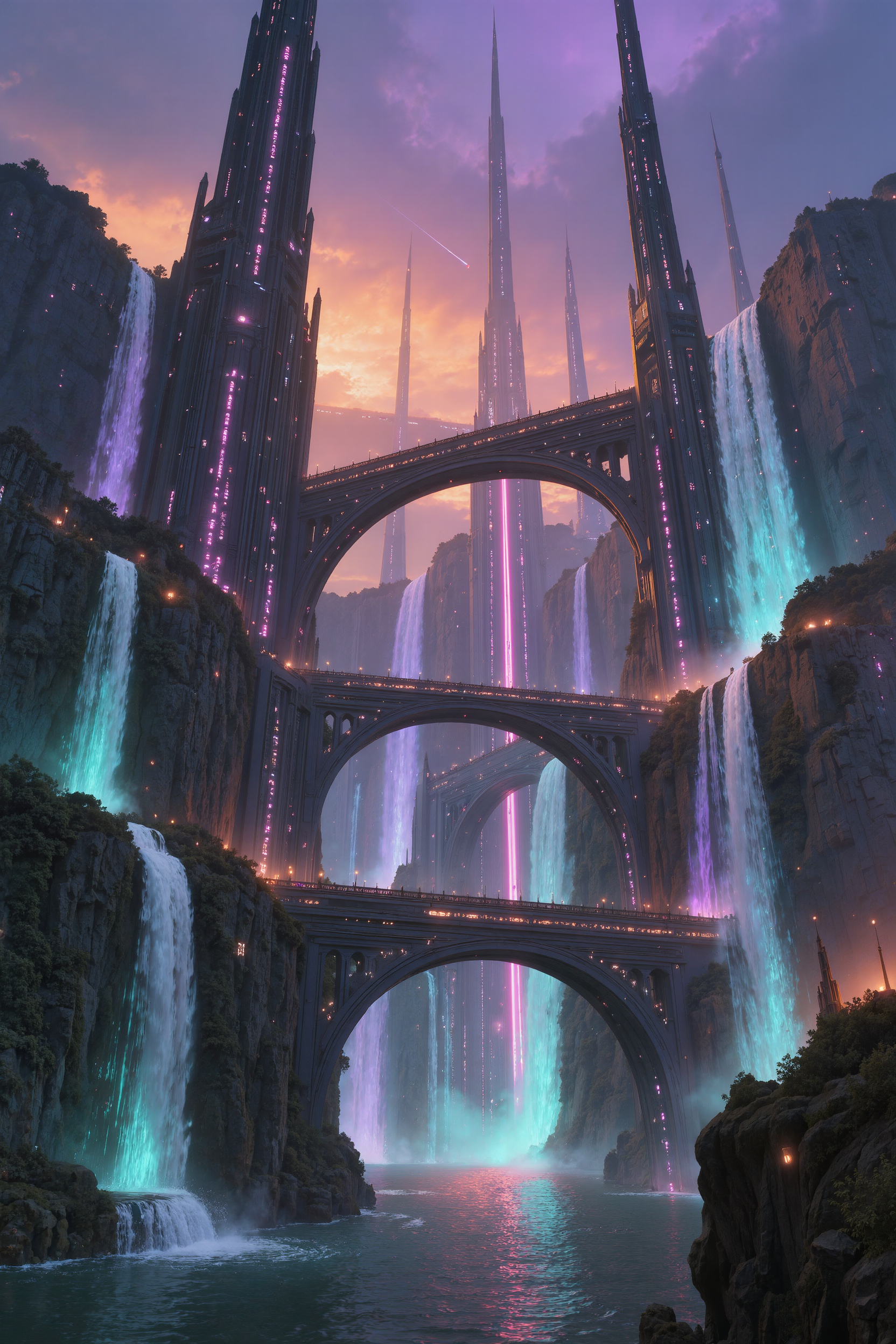 AI-generated cyberpunk cliff city at dusk seen from the river, neon-lit waterfalls pouring between dark towers and arched bridges