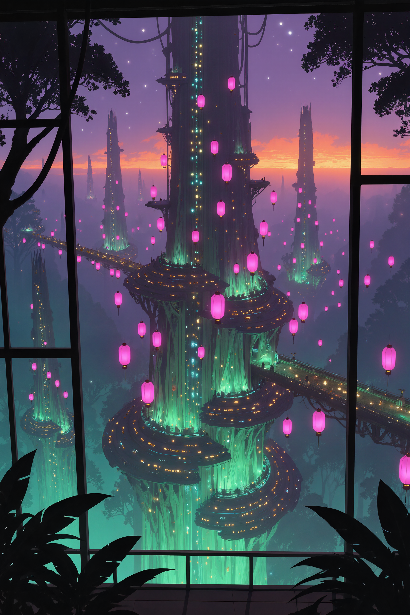AI-generated bioluminescent forest city at night seen from a terrace through dark leaves, tree-towers glowing green under floating pink lanterns