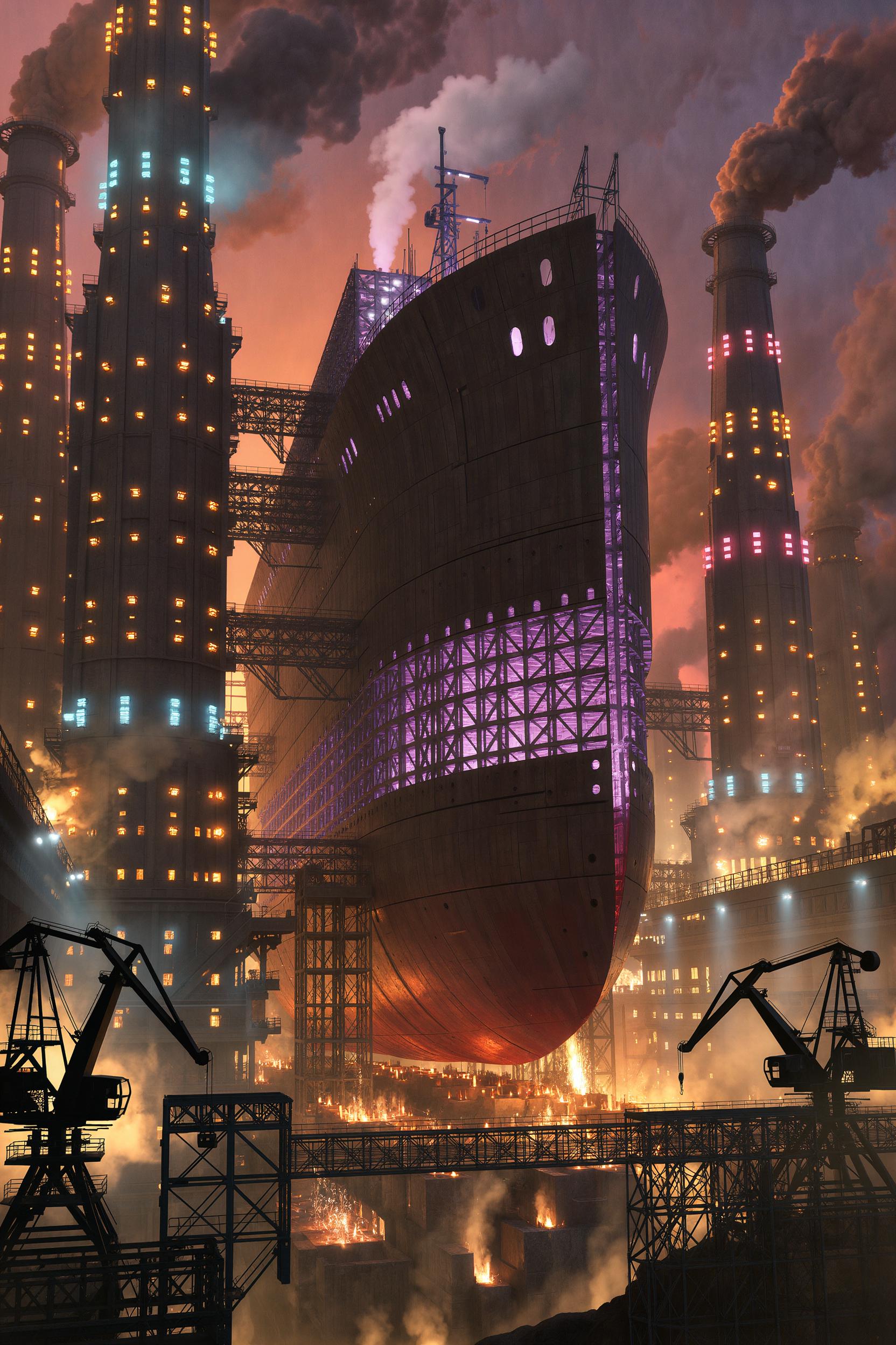 AI-generated industrial cyberpunk shipyard at night, one colossal riveted hull in dry dock under scaffolds with furnaces blazing below and smoke rising into a red sky