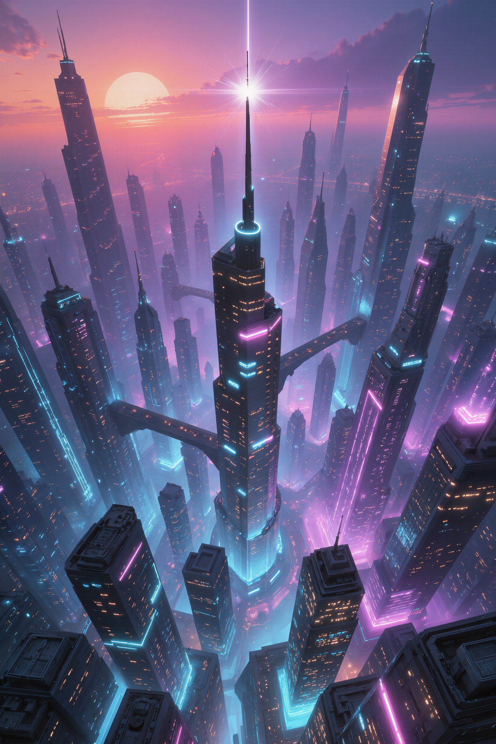 AI-generated cyberpunk glass city at sunset seen from above, dark mirror towers edged in neon with the sun flaring on the tallest spire