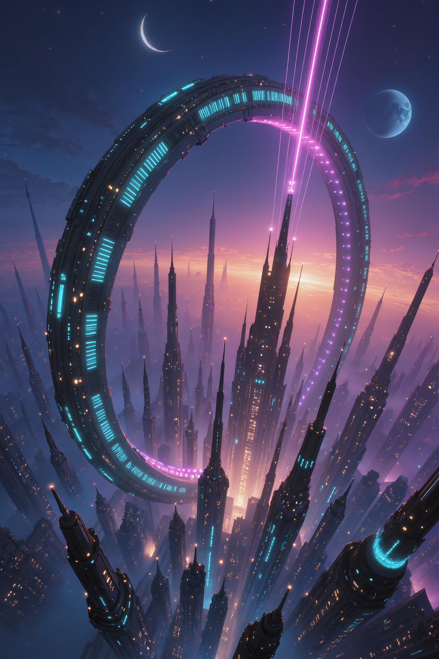 AI-generated cyberpunk city at dusk seen from among the spires, a colossal neon-lit ring standing over the city with lit tethers rising to it
