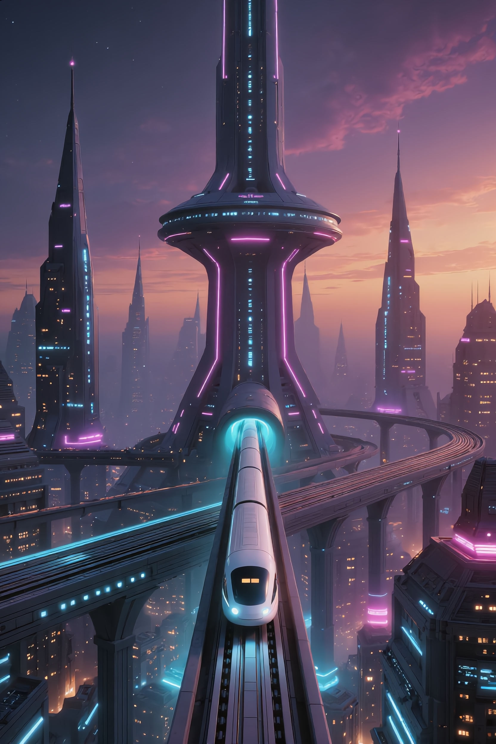 AI-generated cyberpunk rail city at dusk, a neon-lit maglev train on an elevated viaduct heading toward a colossal terminus tower