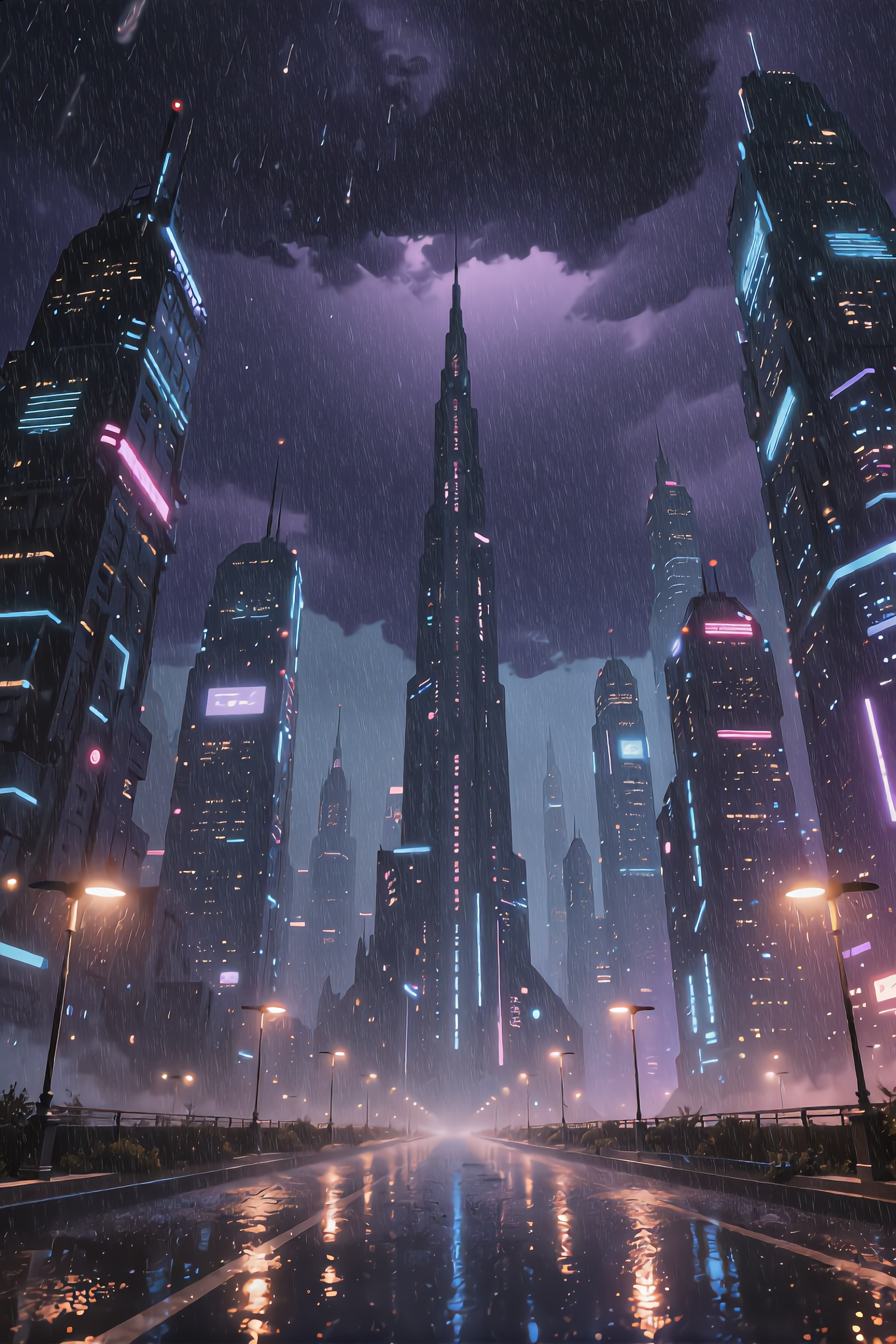 AI-generated cyberpunk city in a lightning storm seen from a wet street, lightning striking the crown of the tallest tower under a violet supercell