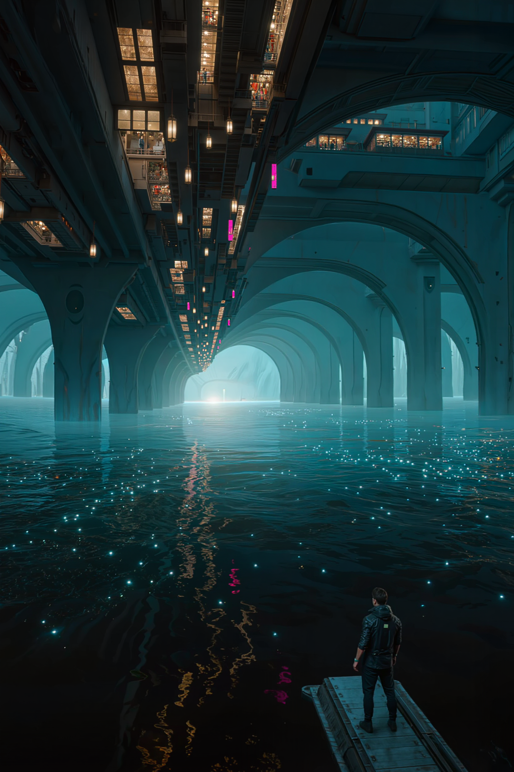AI-generated cyberpunk city built over water, lantern-lit arches receding over bioluminescent water with a small figure on a pontoon