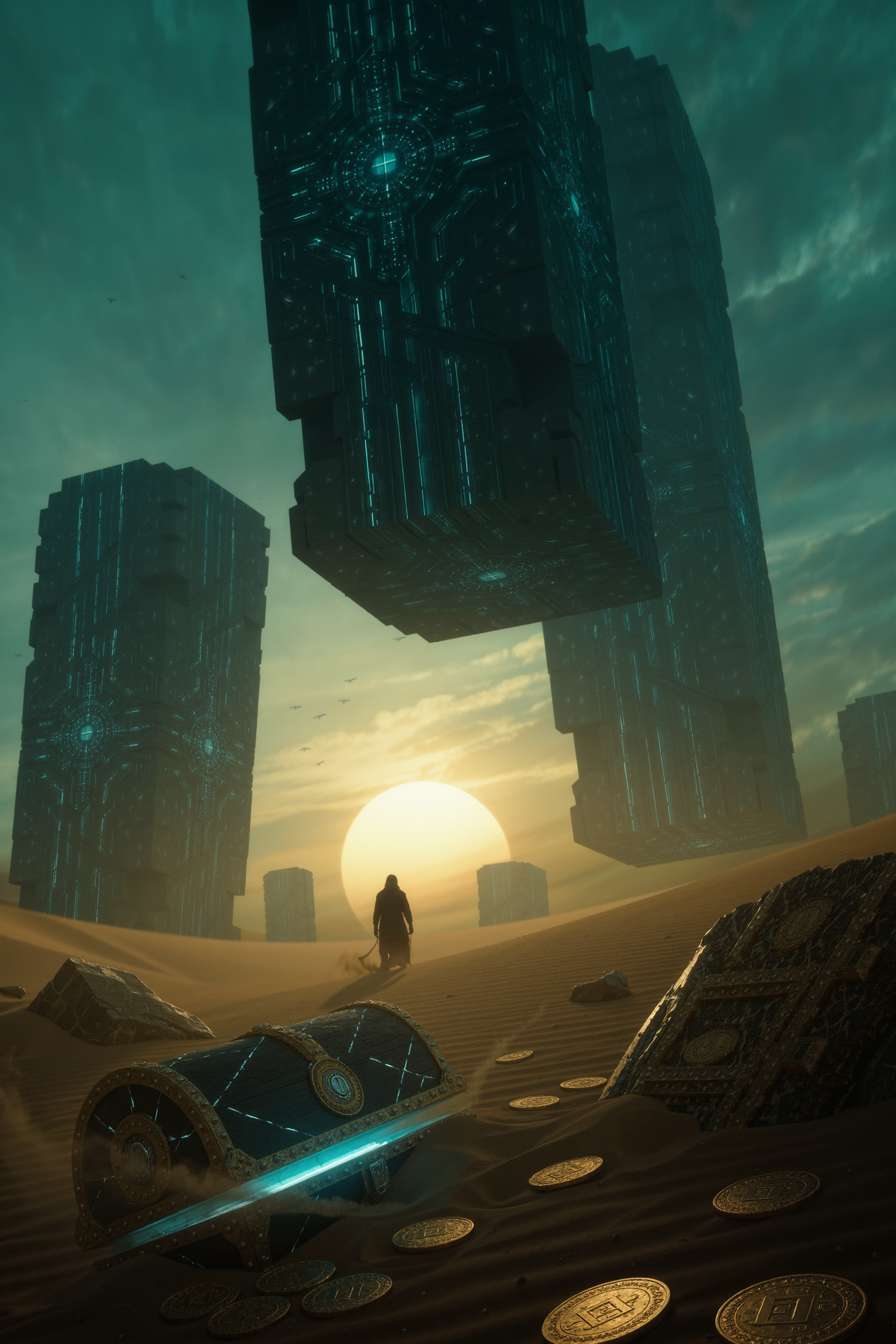 AI-generated desert at sunset with massive rune-carved stone blocks glowing with cyan circuit patterns, sand blowing over half-buried treasure, a cloaked silhouette standing among the stones