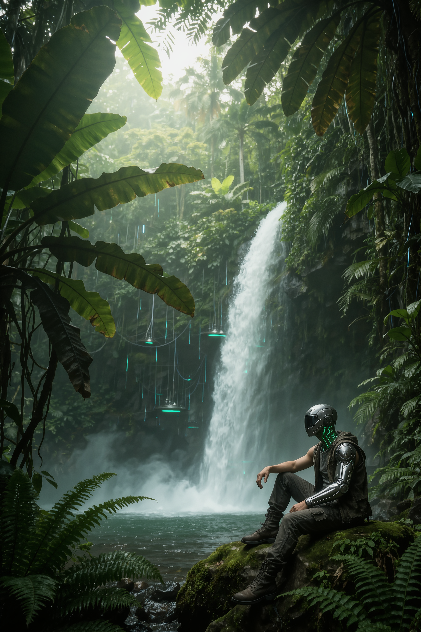 AI-generated lush alien jungle with a waterfall and glowing bioluminescent plants, a cybernetic figure with chrome arm and tech visor sitting relaxed on a mossy rock in thought