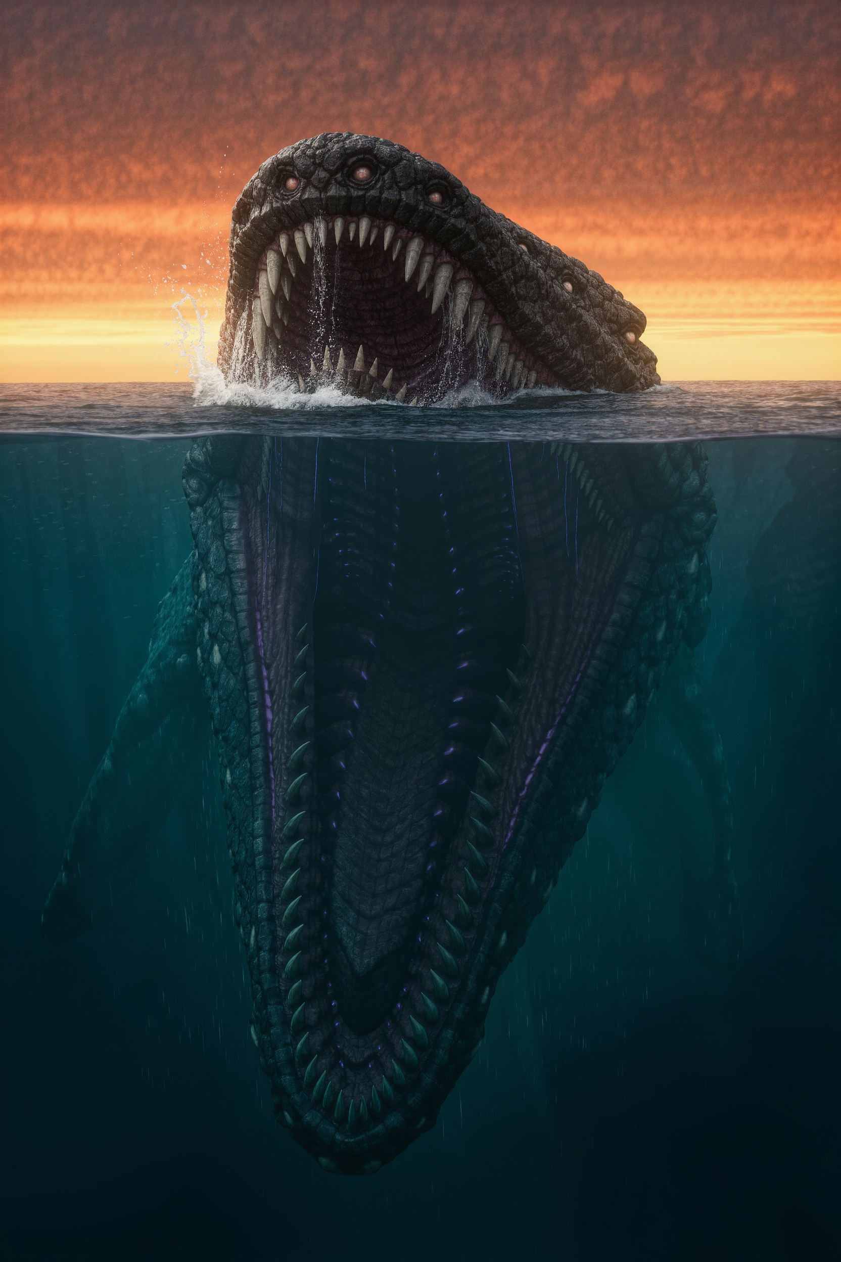 AI-generated colossal sea leviathan ten times larger than a container ship, breathing beneath the waves