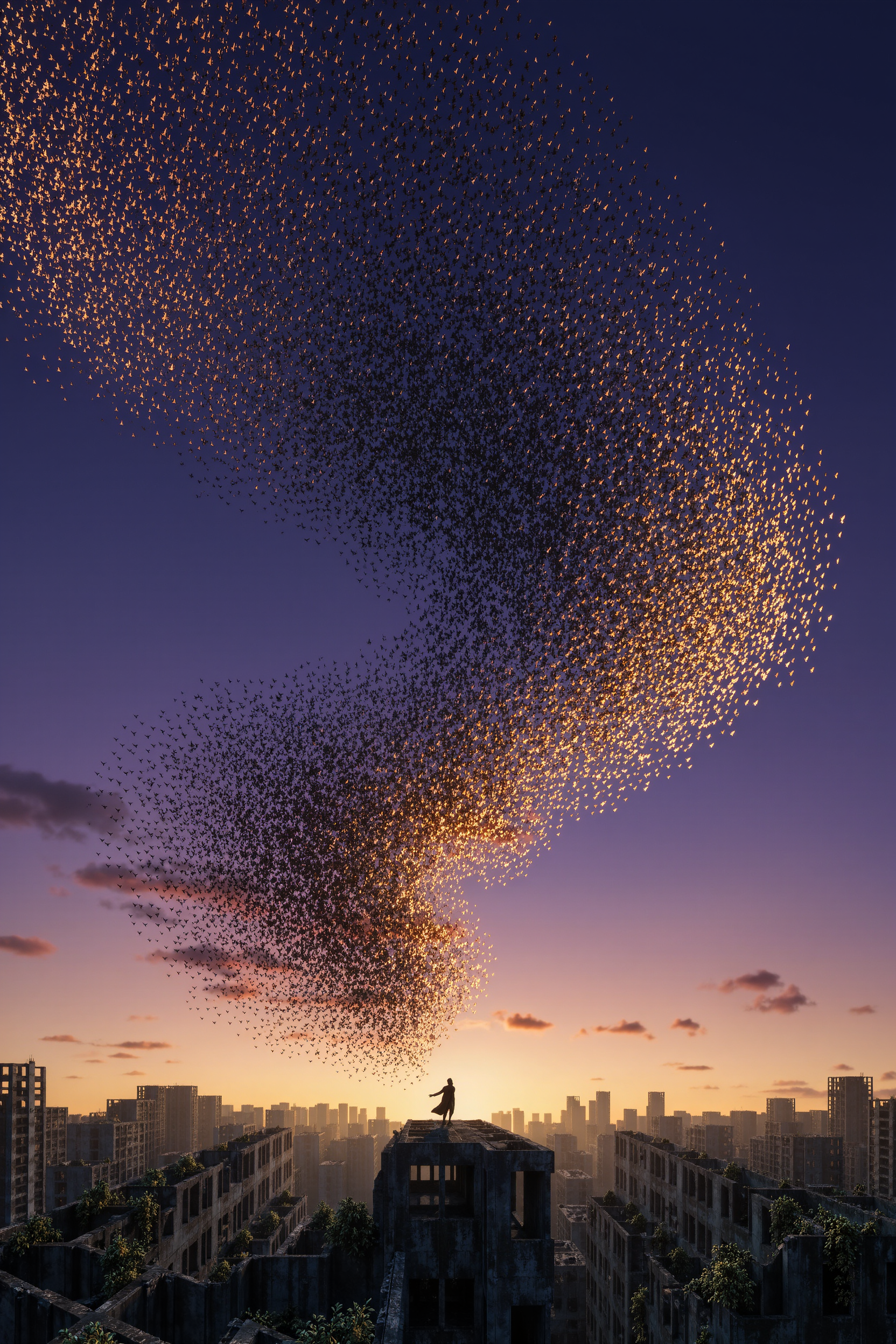AI-generated flock of starlings forming a murmuration in cyclical patterns over a ruined city skyline